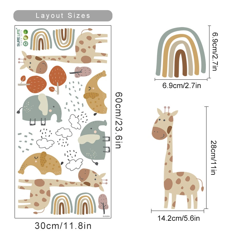 Cartoon Wall Decals Giraffe Elephant Rainbow