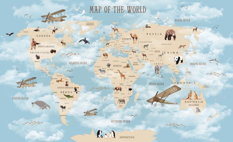 Cartoon World Map Planes and Animals Wallpaper Mural