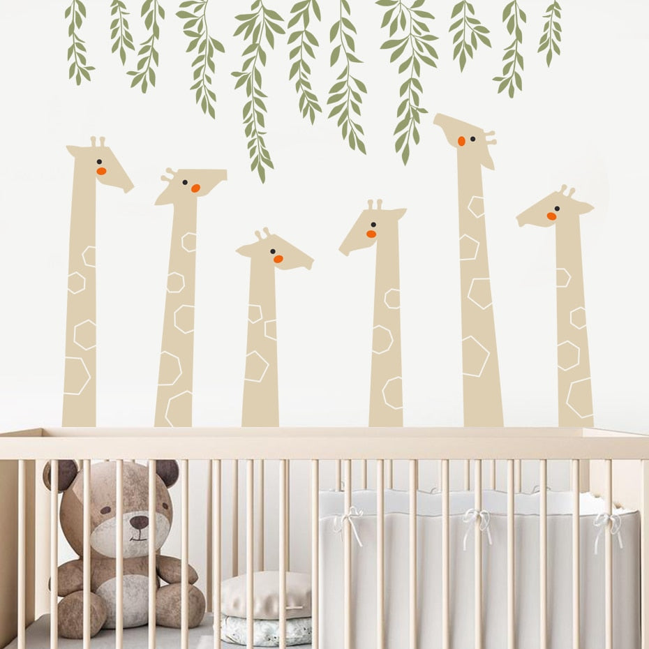 Cartoon Wall Decals Giraffe Green Leaves