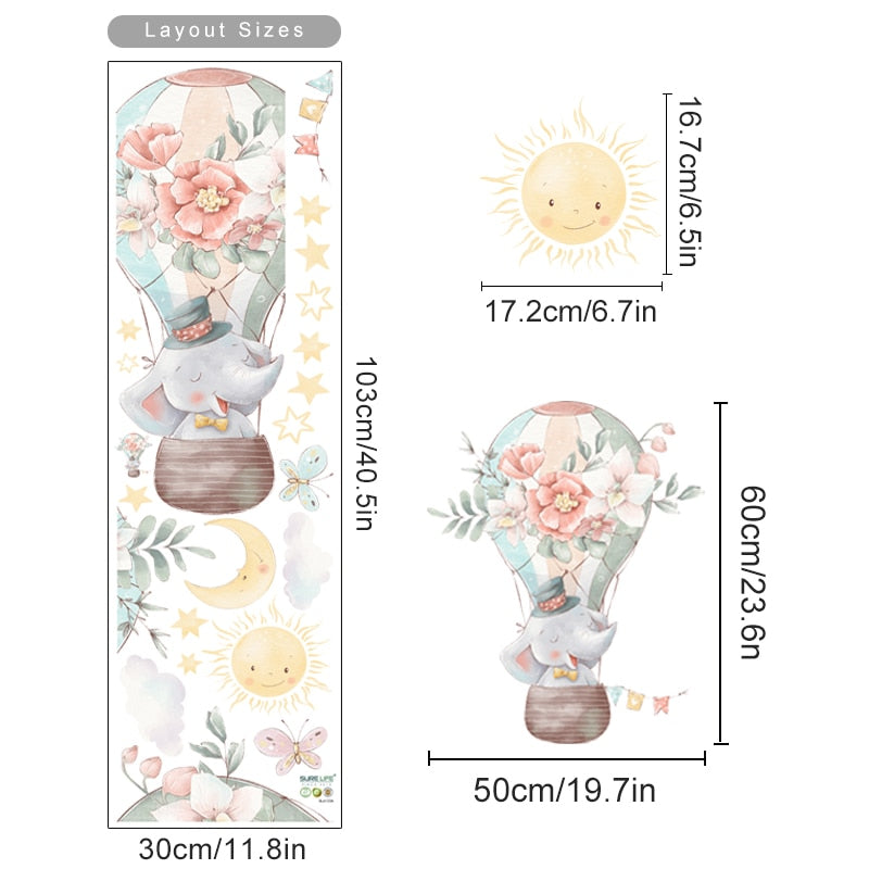 Cartoon Wall Decals Elephant Hot Air Balloon