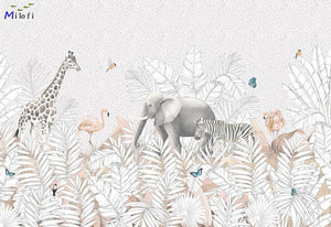 B&W and Light Tones Safari Animals Wallpaper Mural