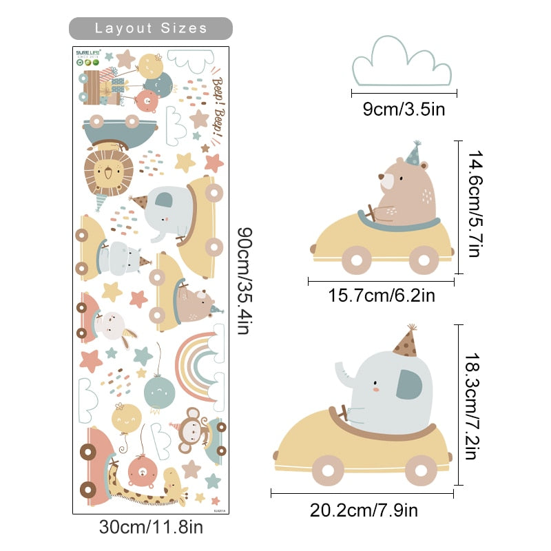 Cartoon Wall Decals Animals and Rainbow
