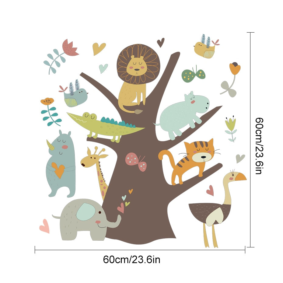 Cartoon Wall Decals Tree with African Animals
