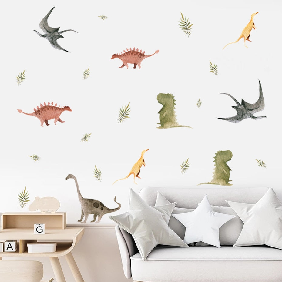 Cartoon Wall Decals Dinosaur Tropical Leaves