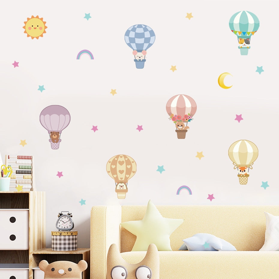 Cartoon Wall Decals Hot Air Balloon Cute Animals