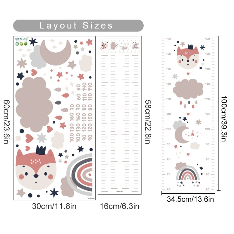 Height Measurement Wall Decals Bear Fox Rainbow