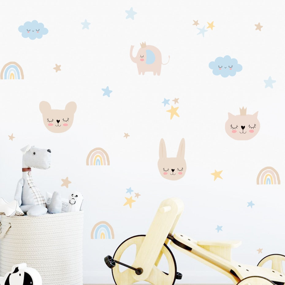 Cartoon Wall Decals Cute Animals Stars and Rainbows