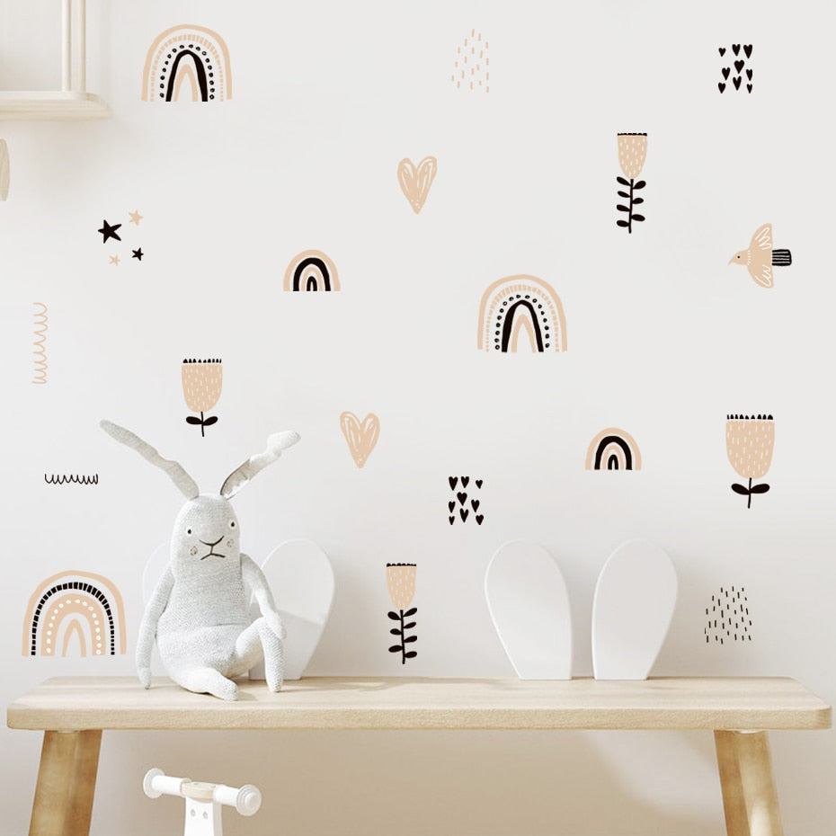 Nursery Wall Decals Cute Rainbow Bird Flowers