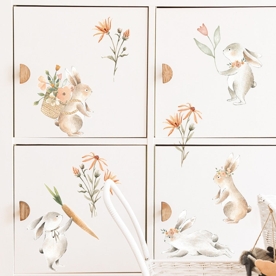 Cartoon Wall Decals Bunny Carrot Floral