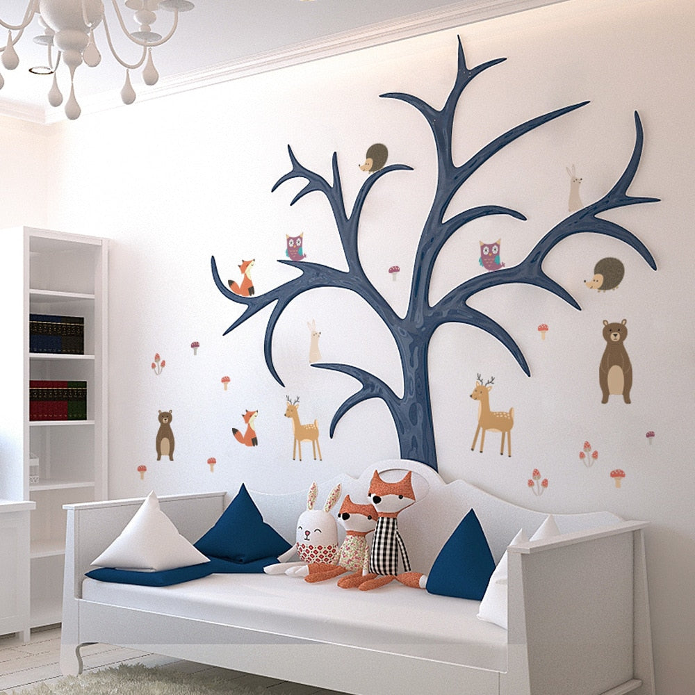 Cartoon Wall Decals Cute Deer Animal Leaves