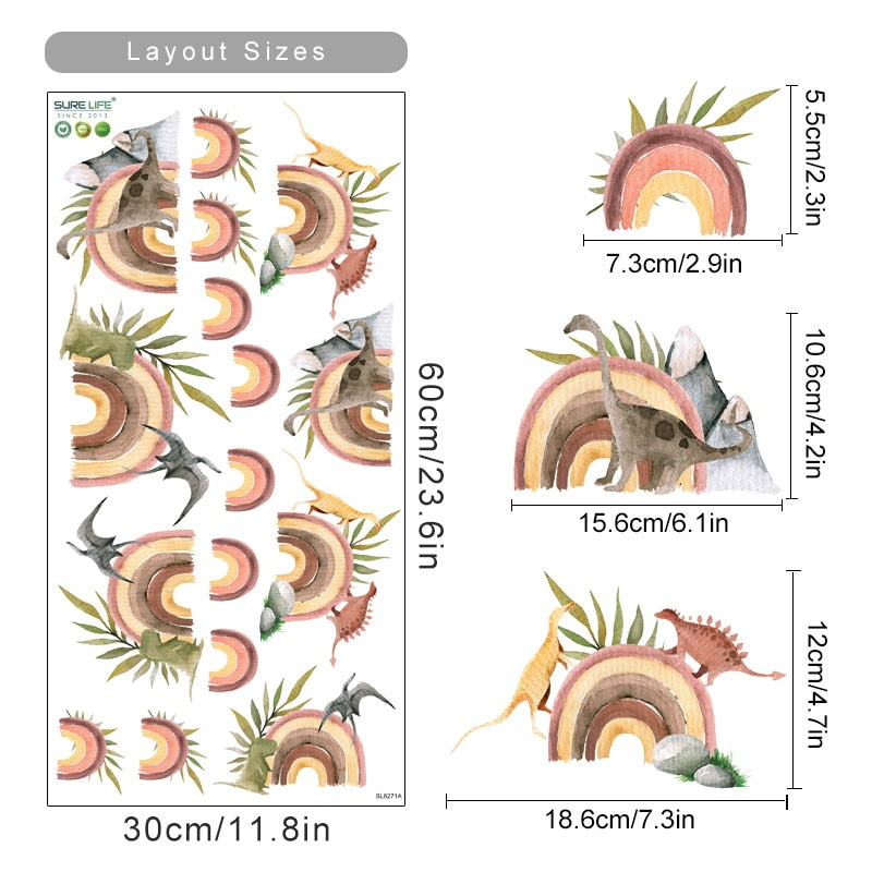 Cartoon Wall Decals Rainbow Dinosaur Tropical Leaves