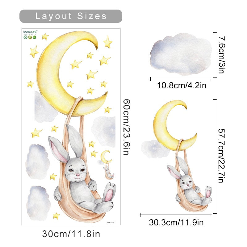 Cartoon Wall Decals Rabbit Moon Swing