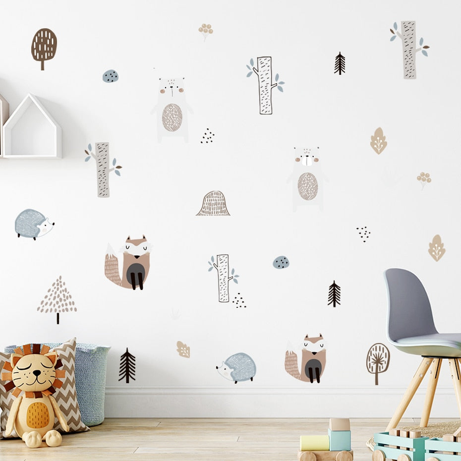 Cartoon Wall Decals Bear Fox Hedgehogs Tree