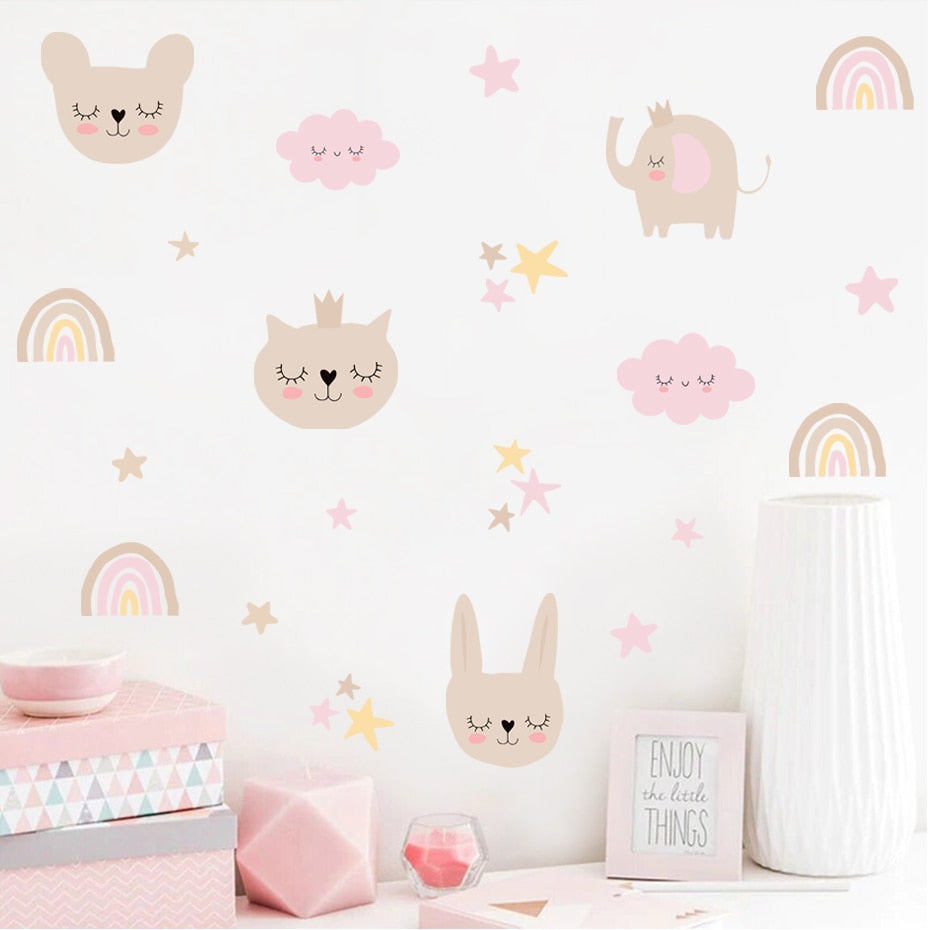 Cartoon Wall Decals Cute Animals Stars and Rainbows