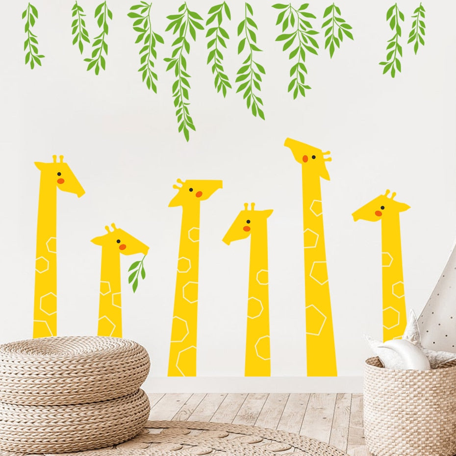 Cartoon Wall Decals Giraffe Green Leaves
