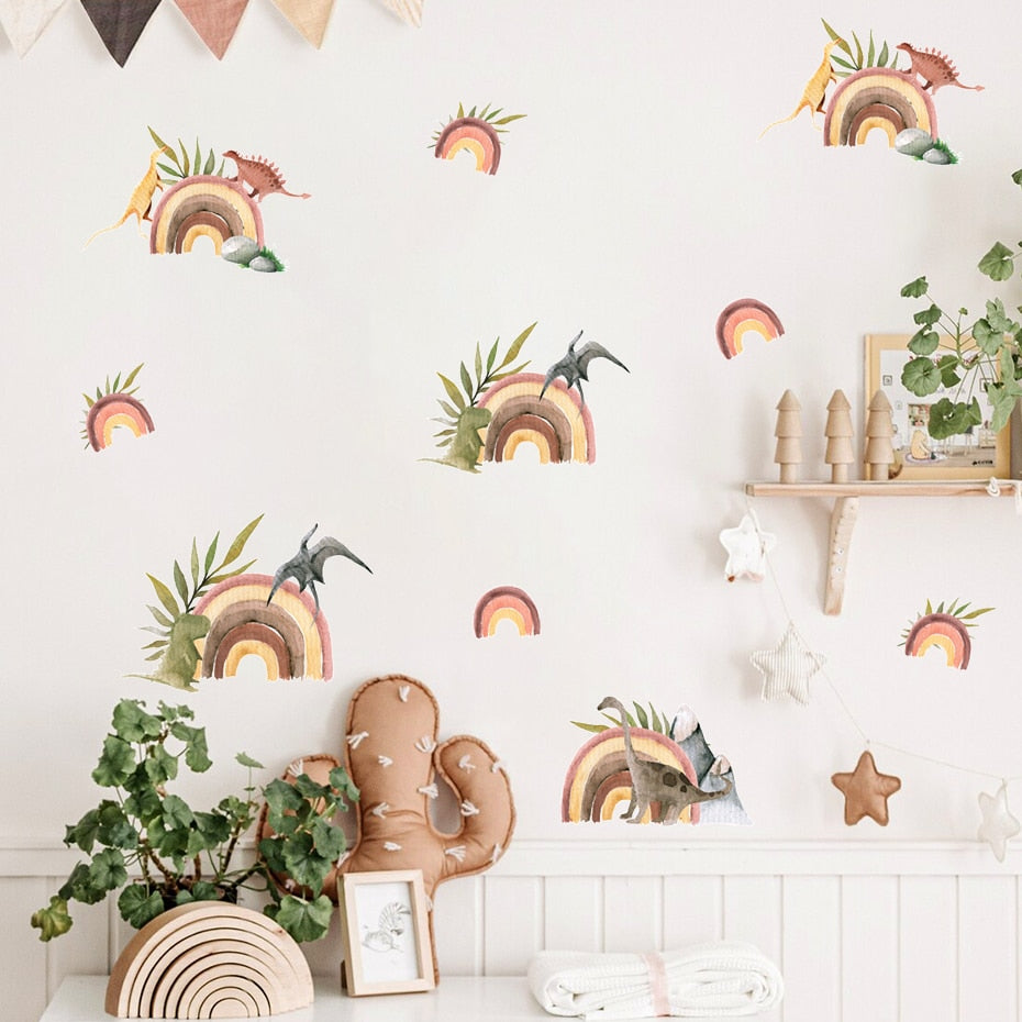Cartoon Wall Decals Rainbow Dinosaur Tropical Leaves
