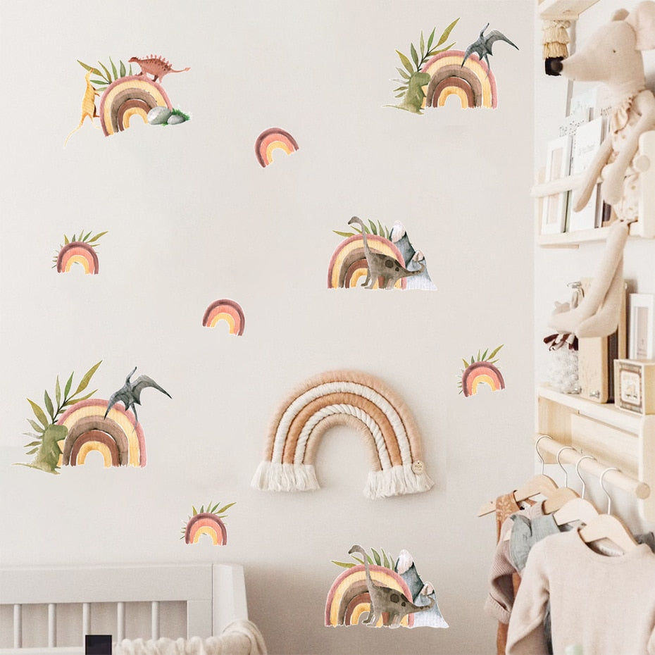 Cartoon Wall Decals Rainbow Dinosaur Tropical Leaves