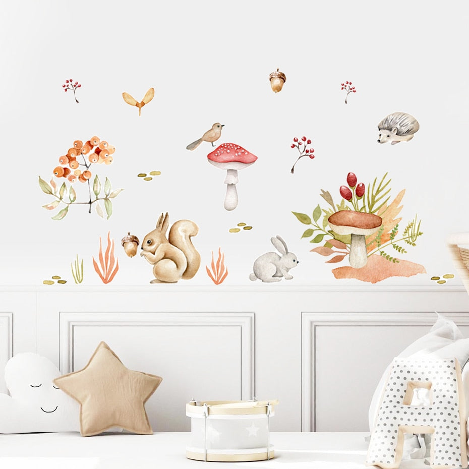 Cartoon Wall Decals Forest Animals Mushroom Acorn