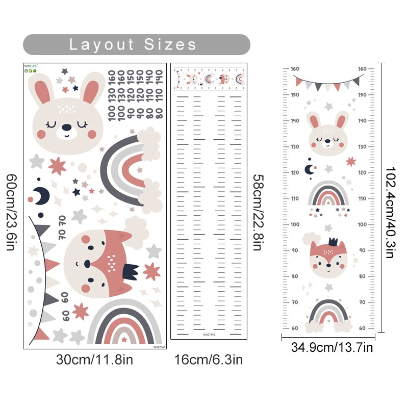 Height Measurement Wall Decals Bear Fox Rainbow