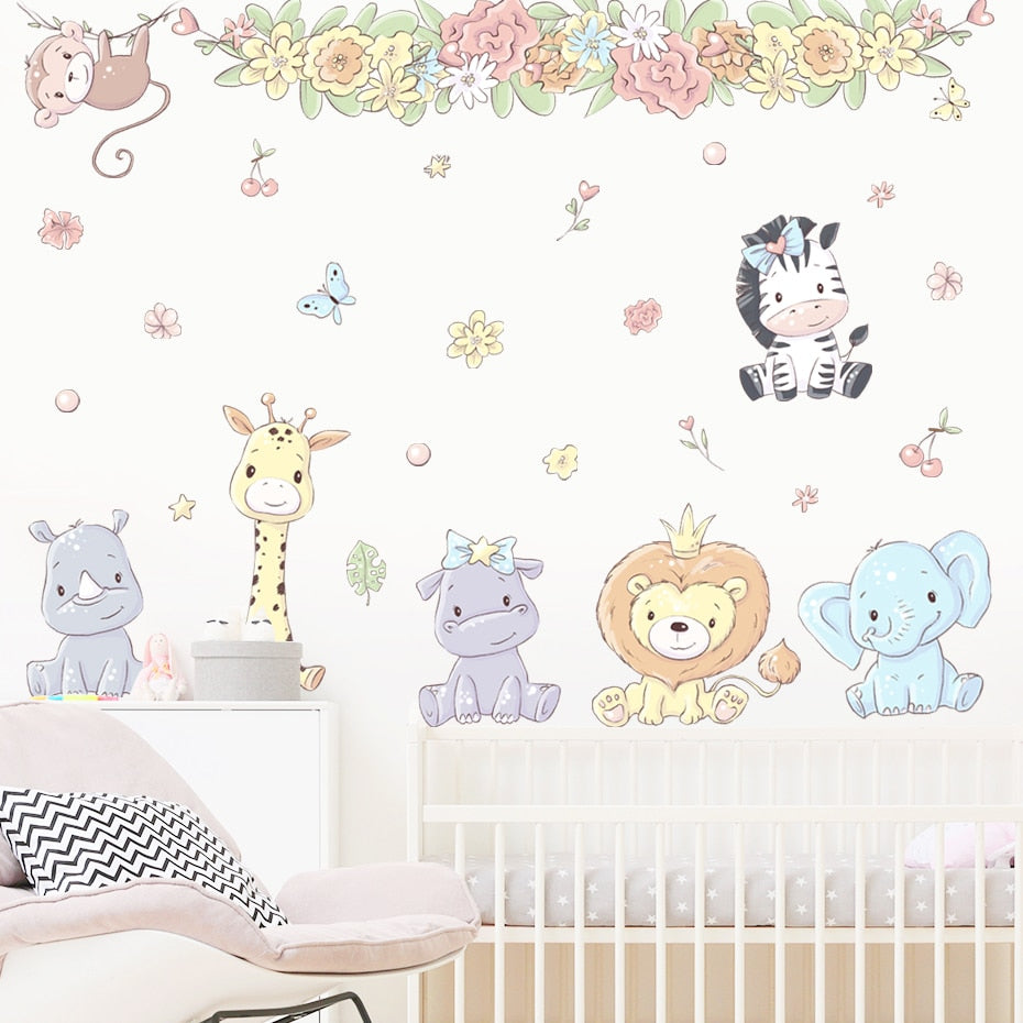 Cartoon Wall Decals Flowers and Cute Animals