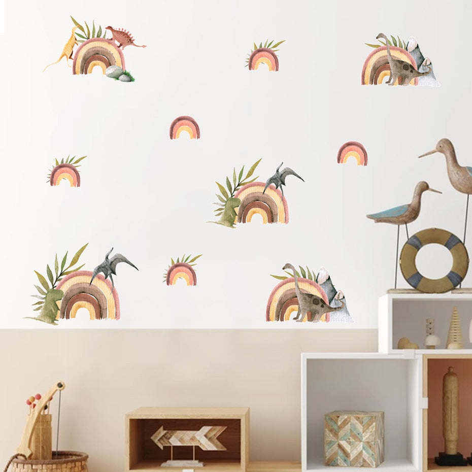 Cartoon Wall Decals Rainbow Dinosaur Tropical Leaves
