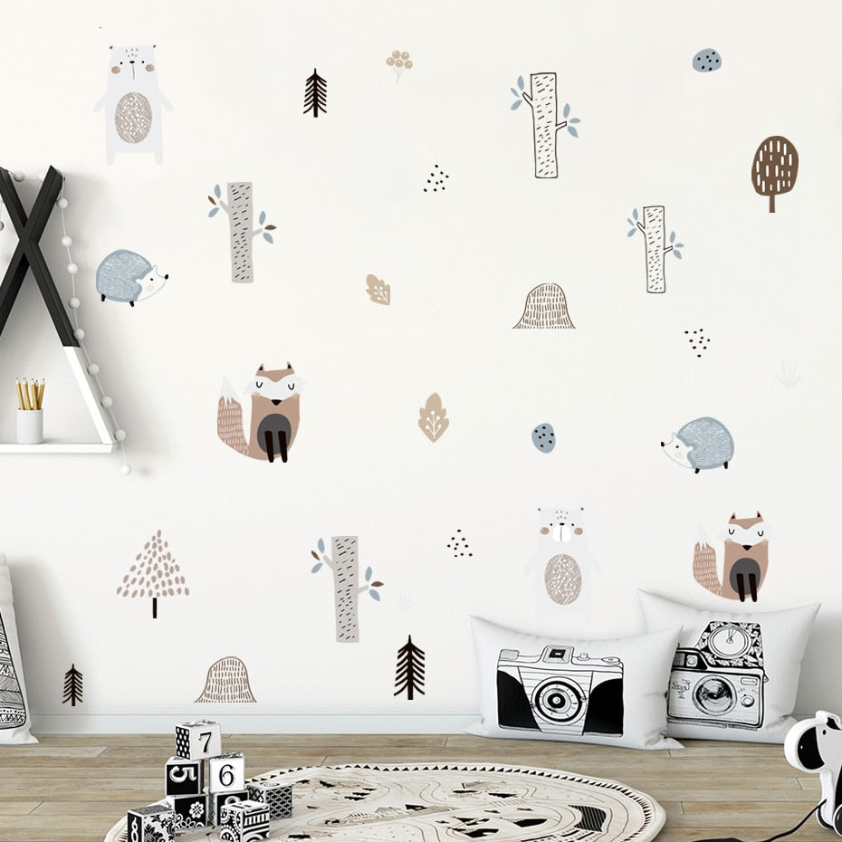 Cartoon Wall Decals Bear Fox Hedgehogs Tree
