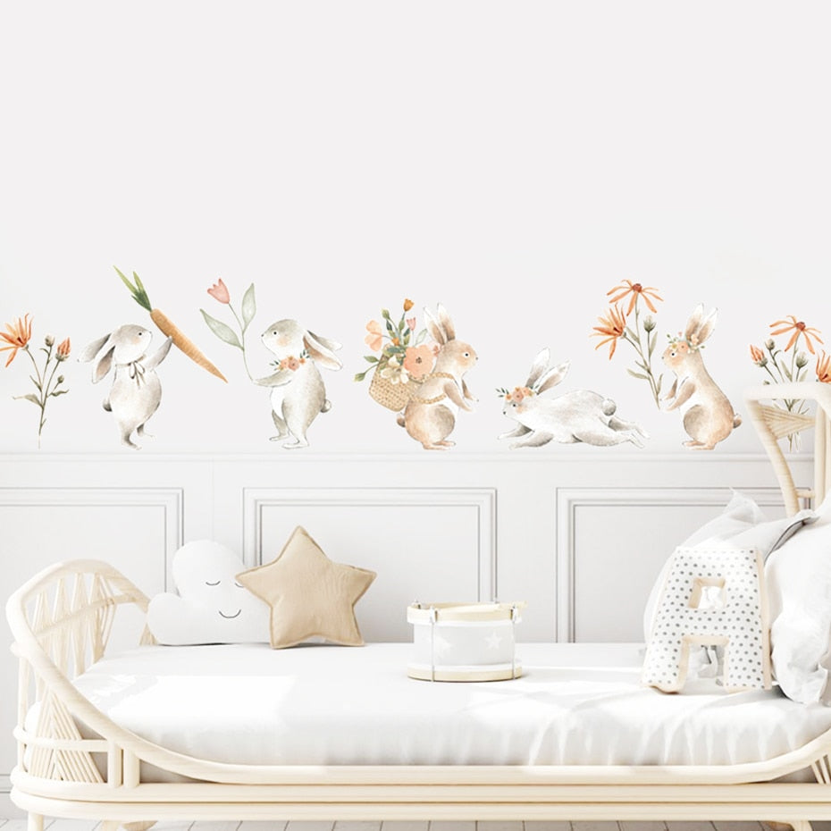 Cartoon Wall Decals Bunny Carrot Floral