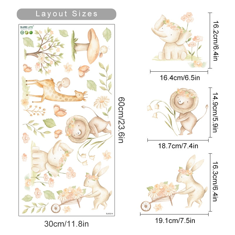 Cartoon Wall Decals Cute Lion Elephant Animals