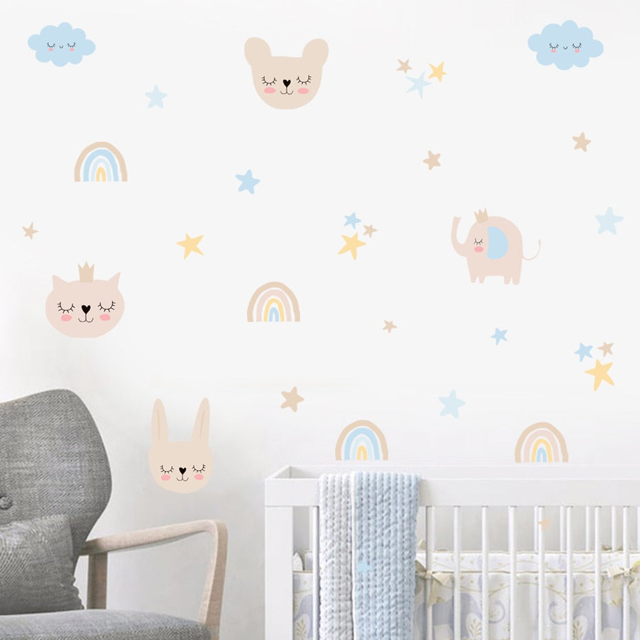 Cartoon Wall Decals Cute Animals Stars and Rainbows