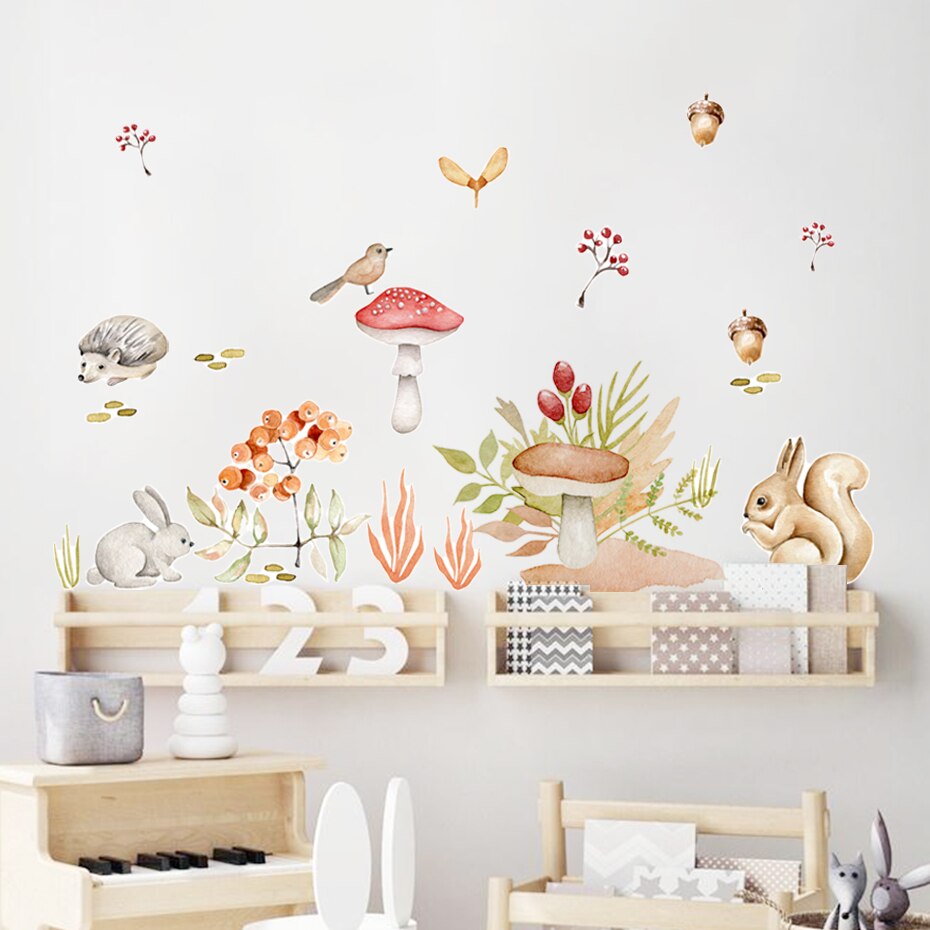 Cartoon Wall Decals Forest Animals Mushroom Acorn