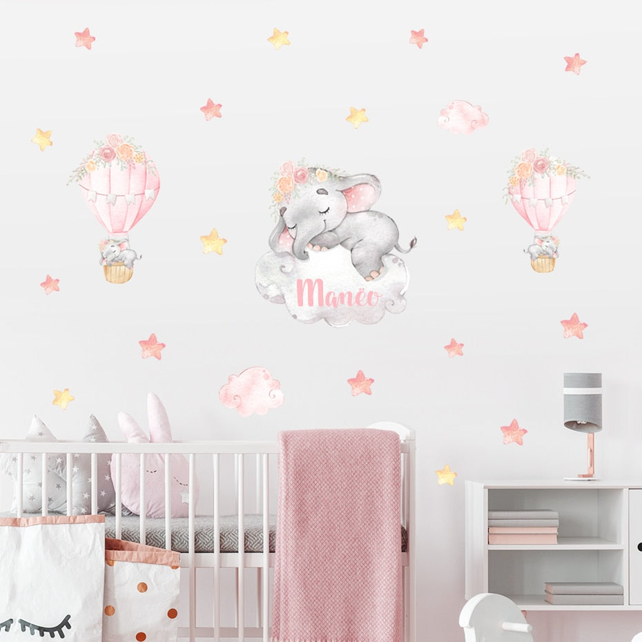 Cartoon Wall Decals Elephant on Hot Air Balloon