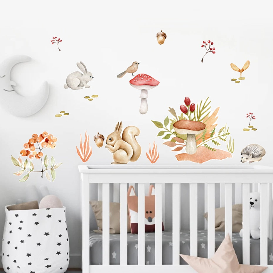 Cartoon Wall Decals Forest Animals Mushroom Acorn