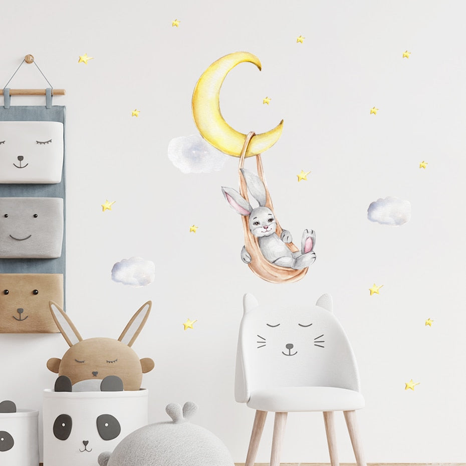 Cartoon Wall Decals Rabbit Moon Swing