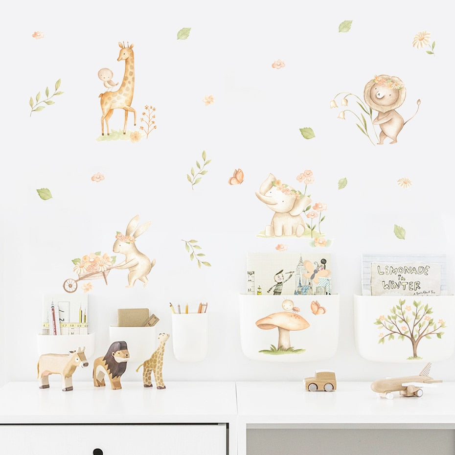 Cartoon Wall Decals Cute Lion Elephant Animals