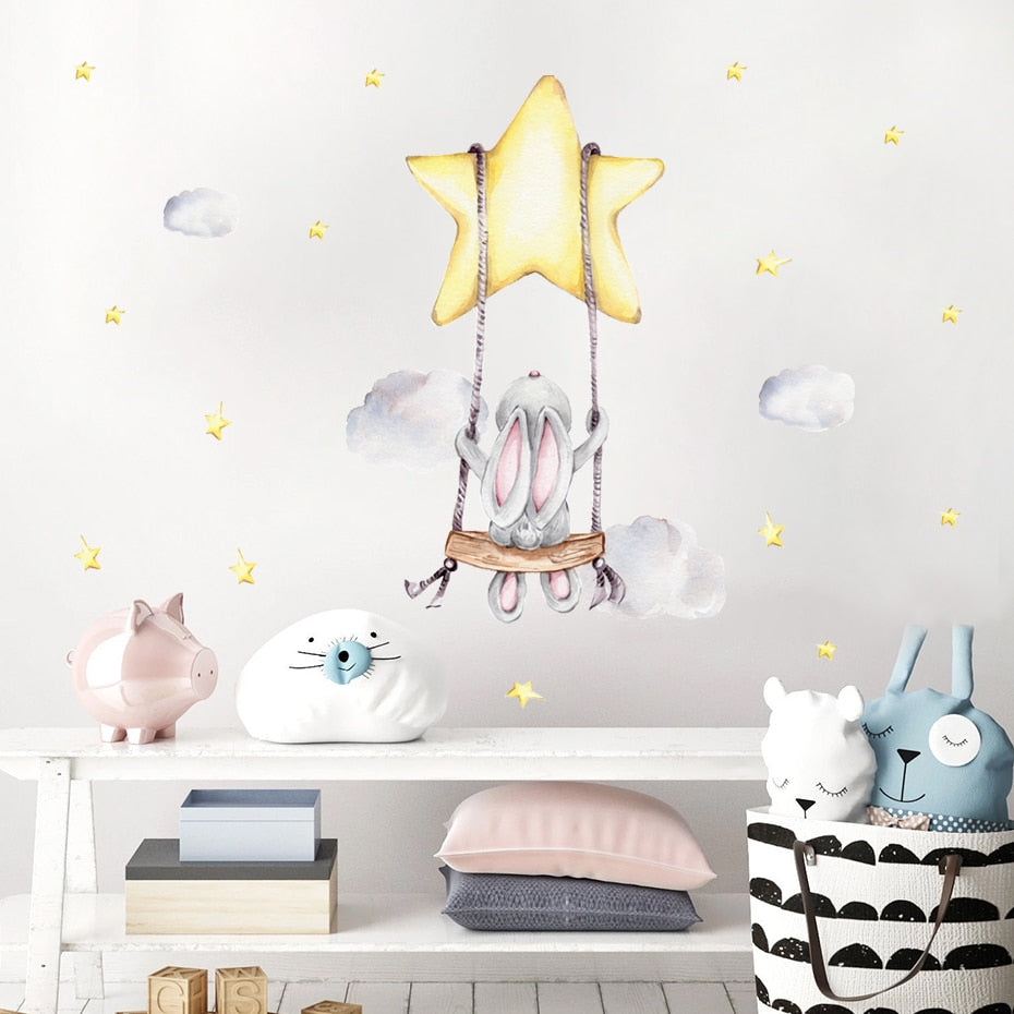 Cartoon Wall Decals Rabbit Moon Swing