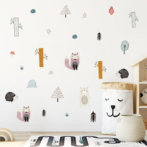 Cartoon Wall Decals Bear Fox Hedgehogs Tree