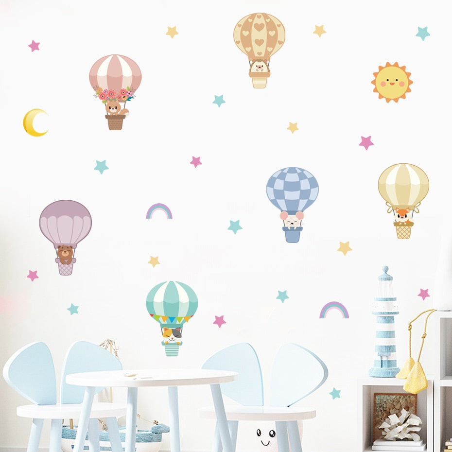 Cartoon Wall Decals Hot Air Balloon Cute Animals