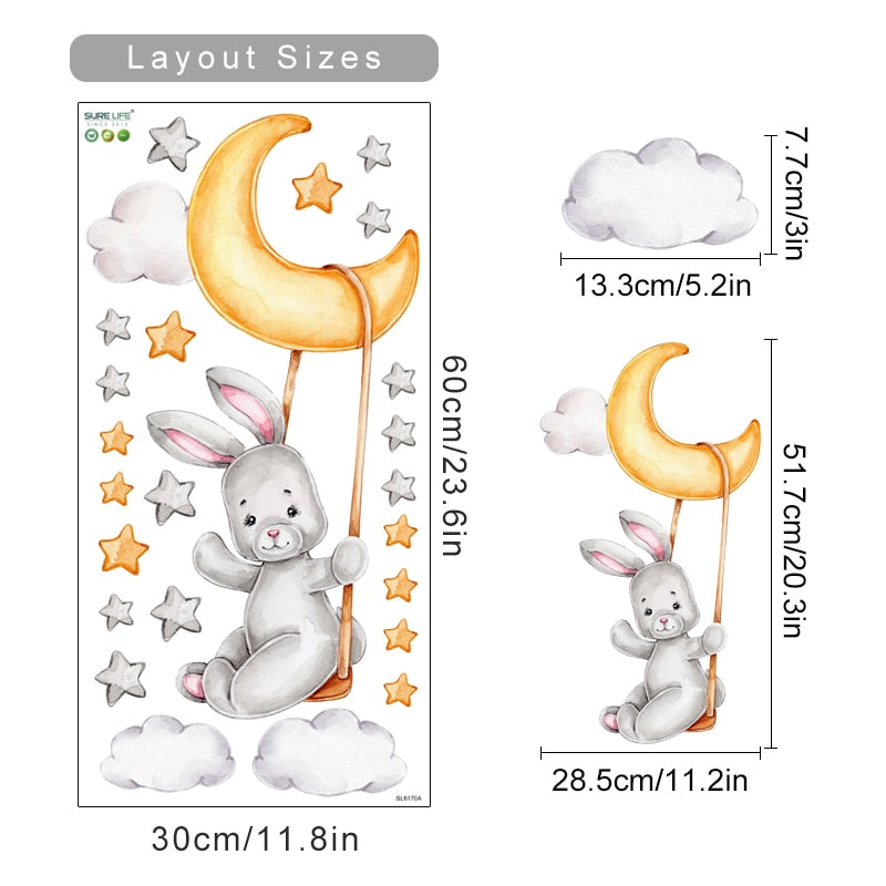 Cartoon Wall Decals Rabbit Moon Swing