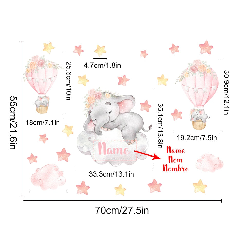Cartoon Wall Decals Elephant on Hot Air Balloon