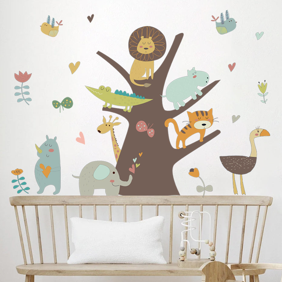 Cartoon Wall Decals Tree with African Animals
