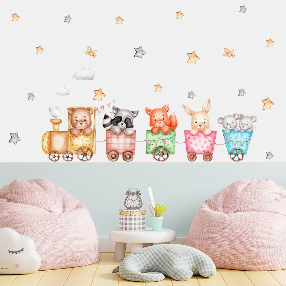 Cartoon Wall Decals Train With Jungle Animals