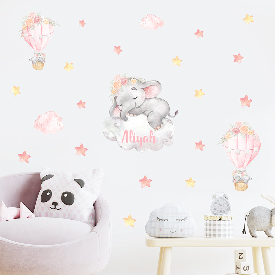 Cartoon Wall Decals Elephant on Hot Air Balloon