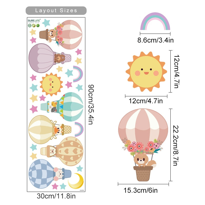 Cartoon Wall Decals Hot Air Balloon Cute Animals