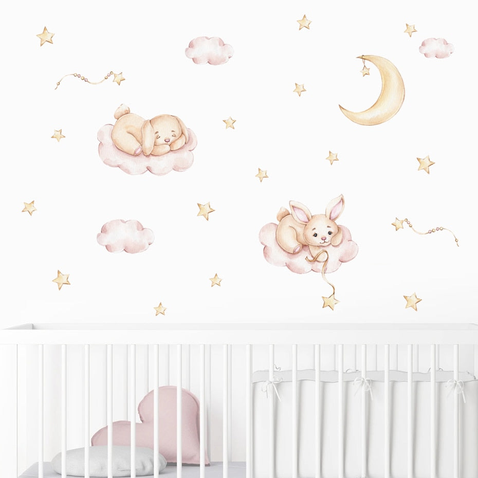 Cartoon Wall Decals Bunny Moon Clouds