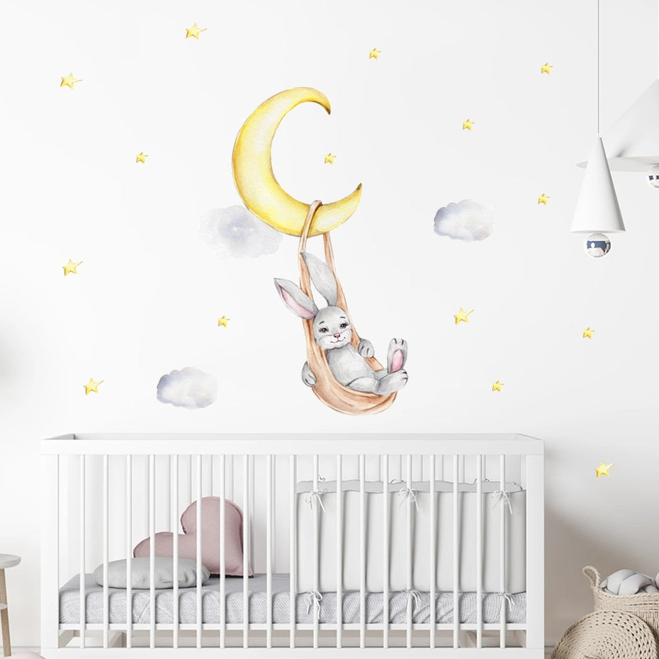 Cartoon Wall Decals Rabbit Moon Swing
