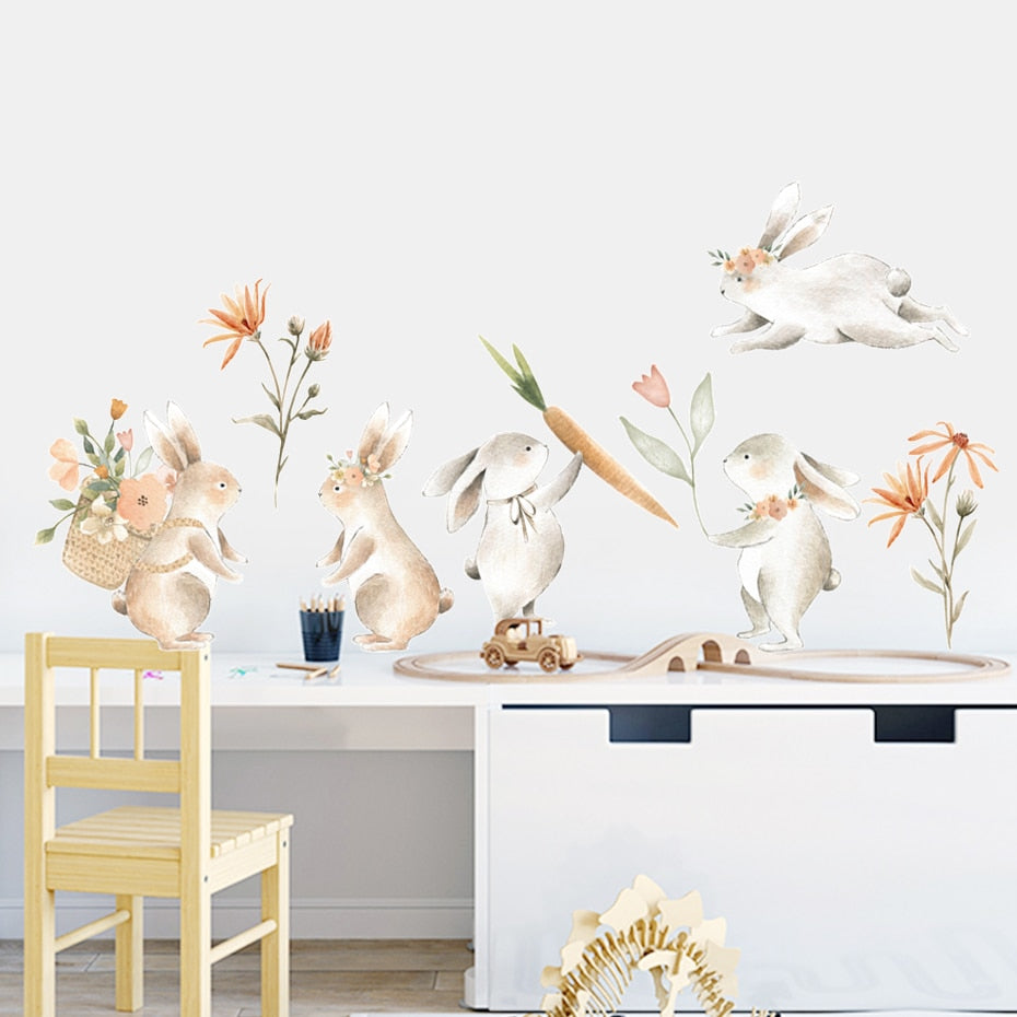 Cartoon Wall Decals Bunny Carrot Floral