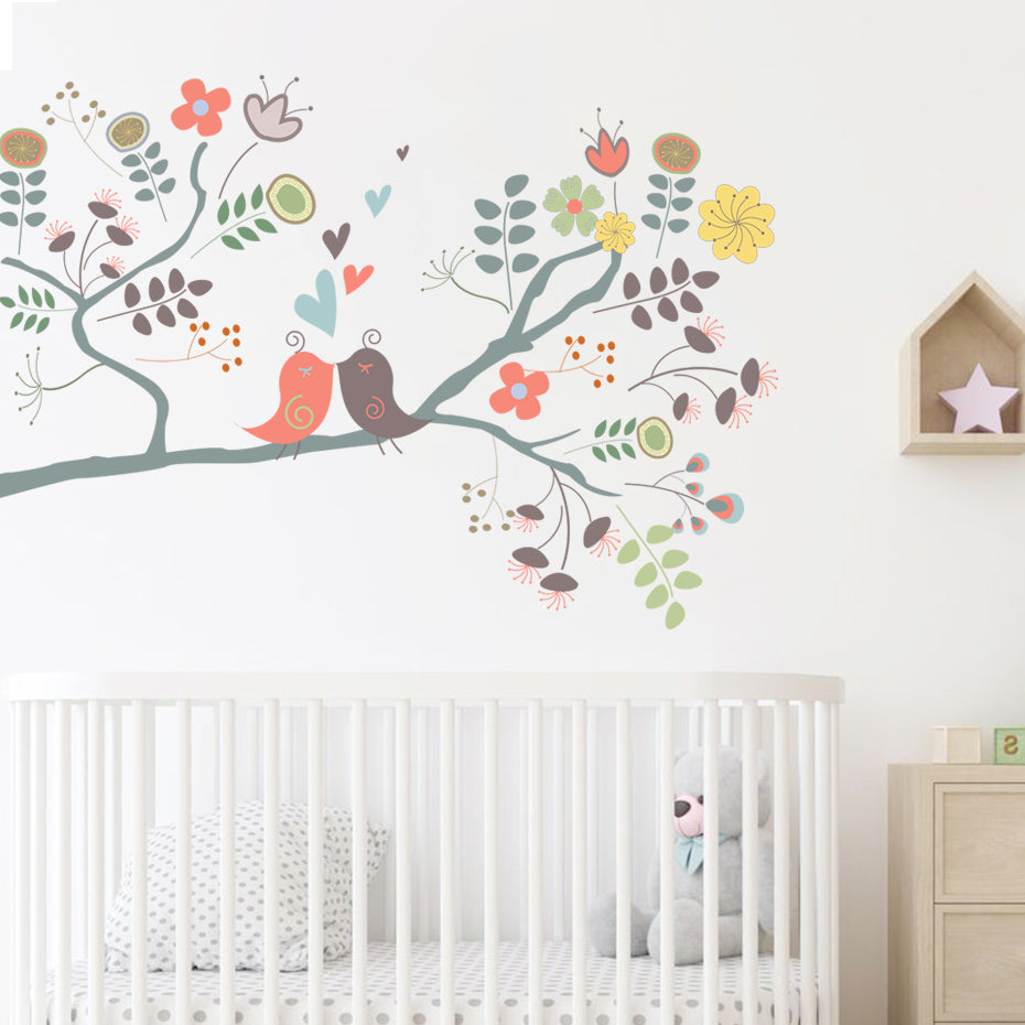 Cartoon Wall Decals Birds Floral Tree Branch