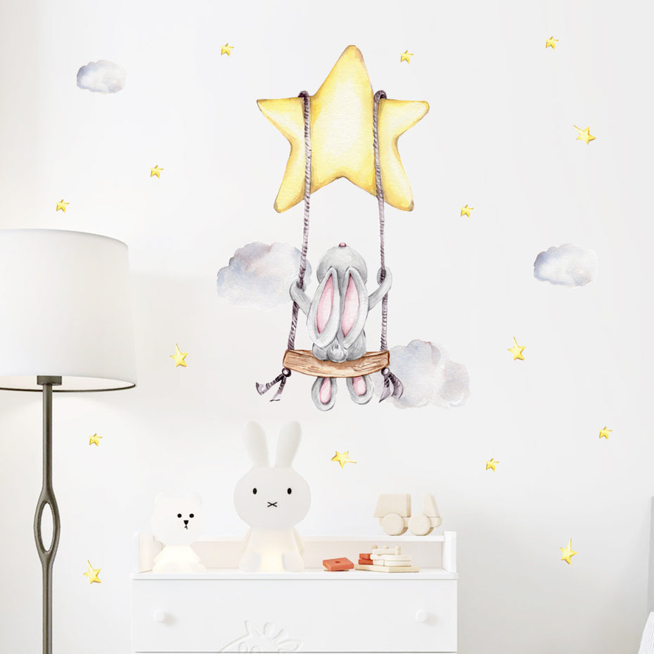 Cartoon Wall Decals Rabbit Moon Swing