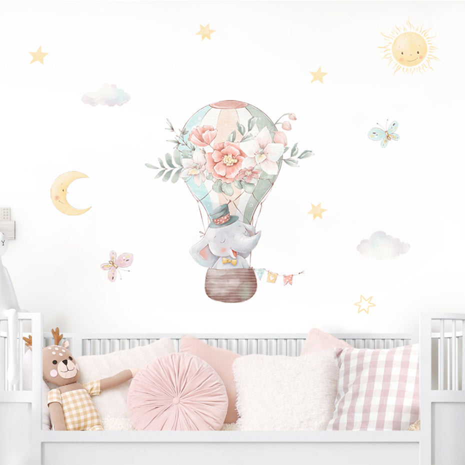 Cartoon Wall Decals Elephant Hot Air Balloon