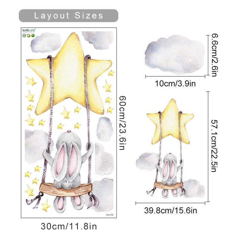 Cartoon Wall Decals Rabbit Moon Swing